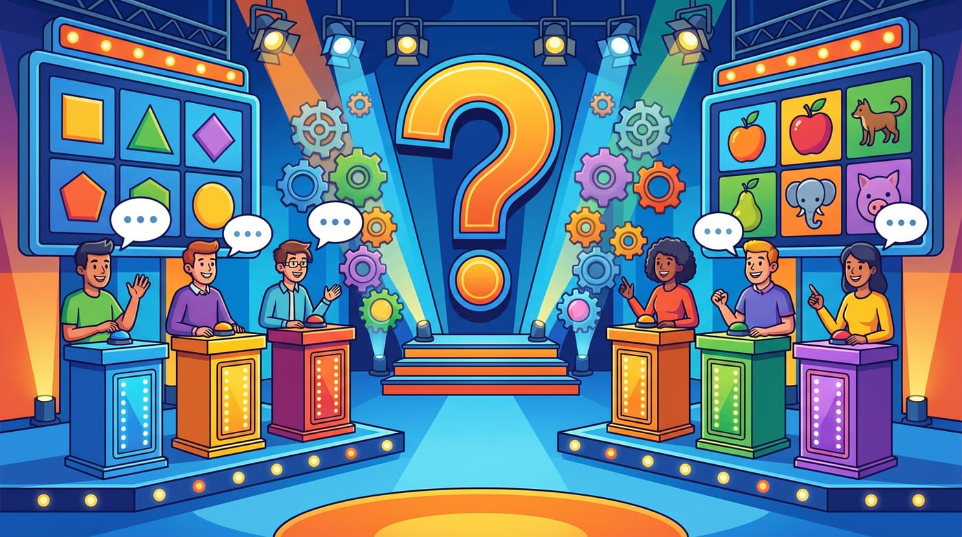 Vibrant game-show themed illustration about understanding ratios.