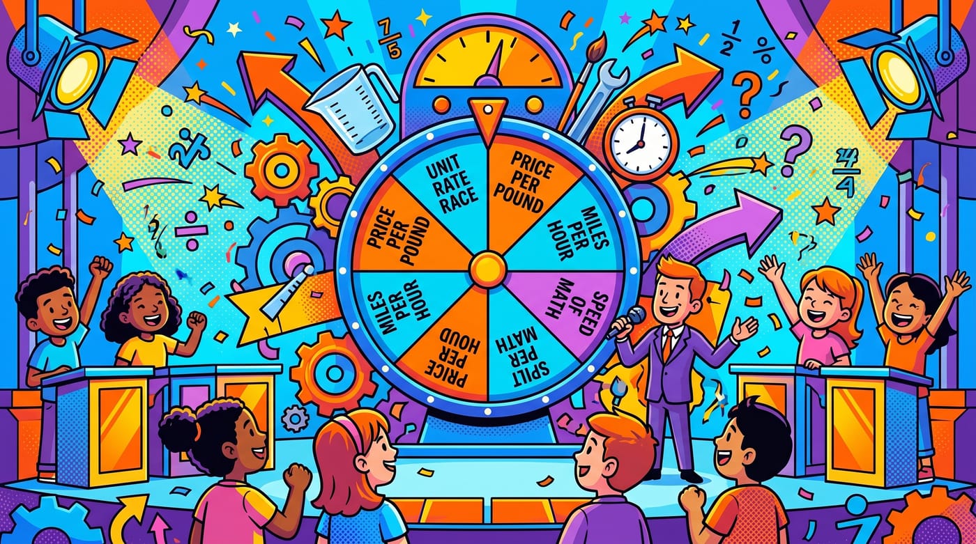 A vibrant game-show style illustration about rates and unit rates.