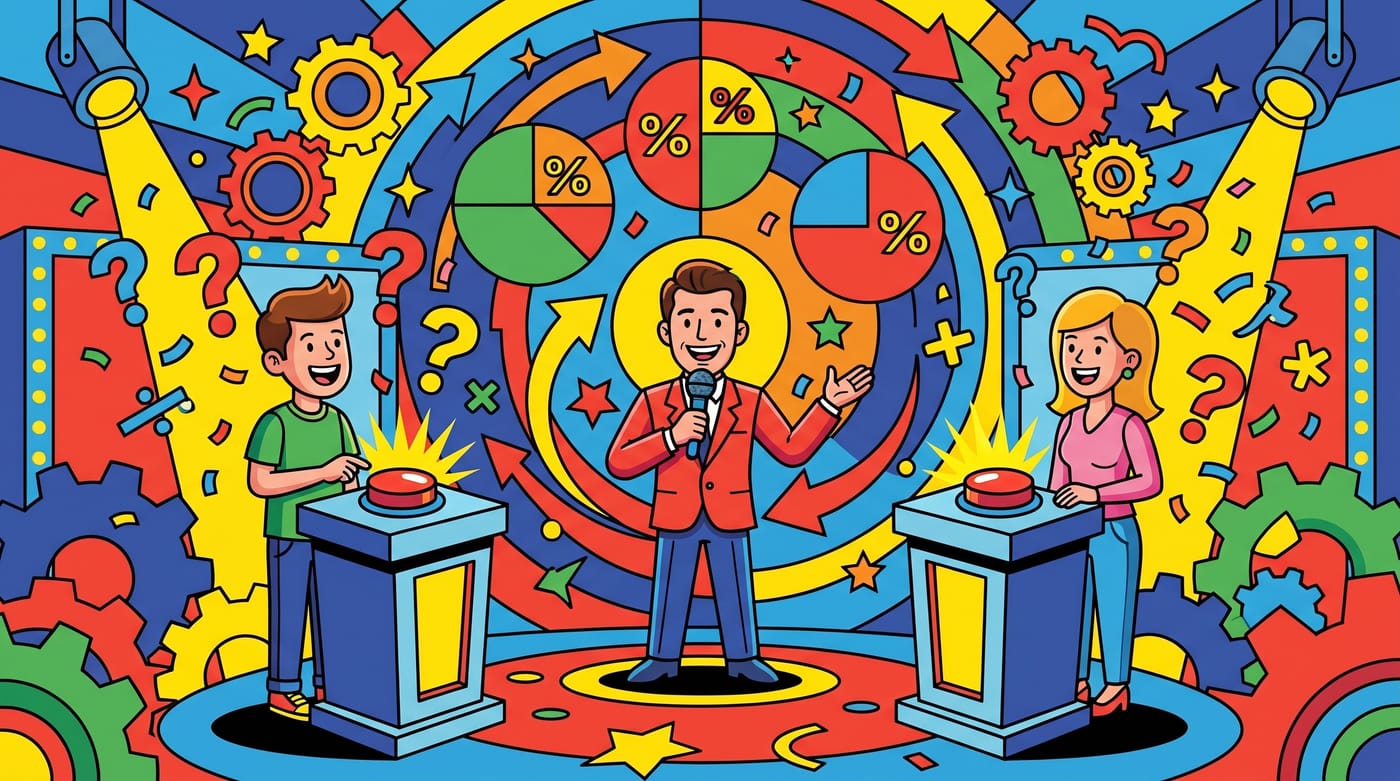 A fun, vibrant game-show themed illustration about percents.