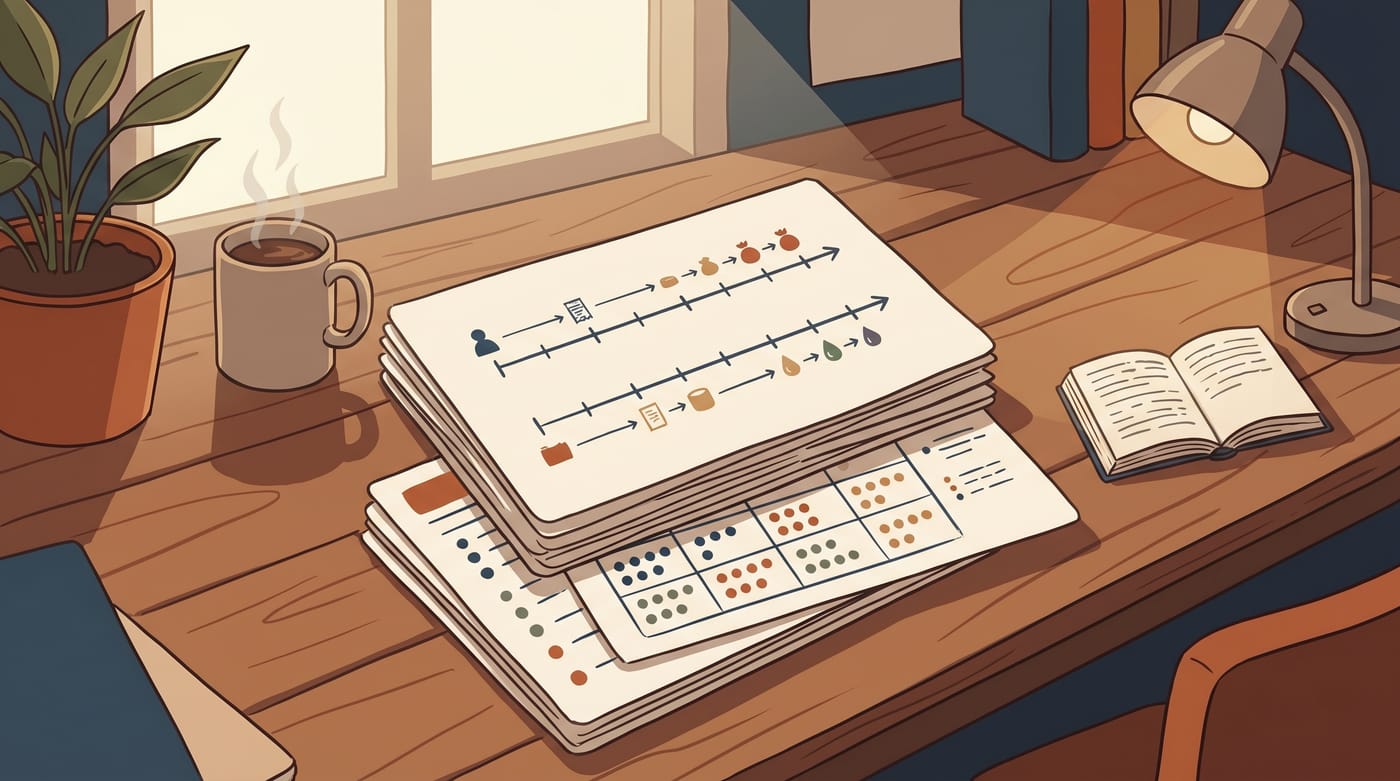 Elegant stacked study flashcards in a warm, inviting study setting.