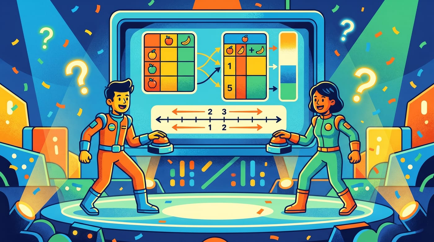 A bright, playful game-show scene about ratio tables and double number lines.