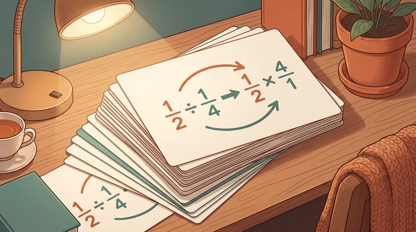 Elegant stacked study flashcards for dividing fractions by fractions.