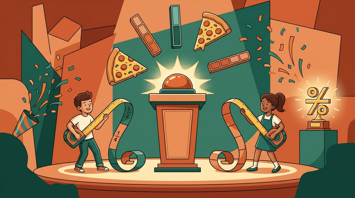 Playful game-show themed illustration about dividing fractions by fractions.