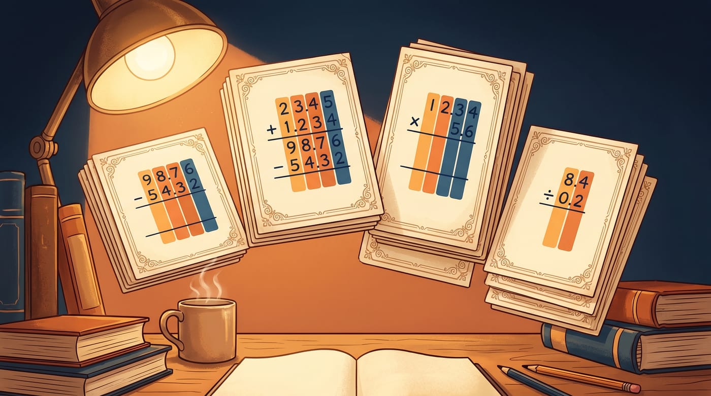 Elegant stacked study flashcards about decimal operations.