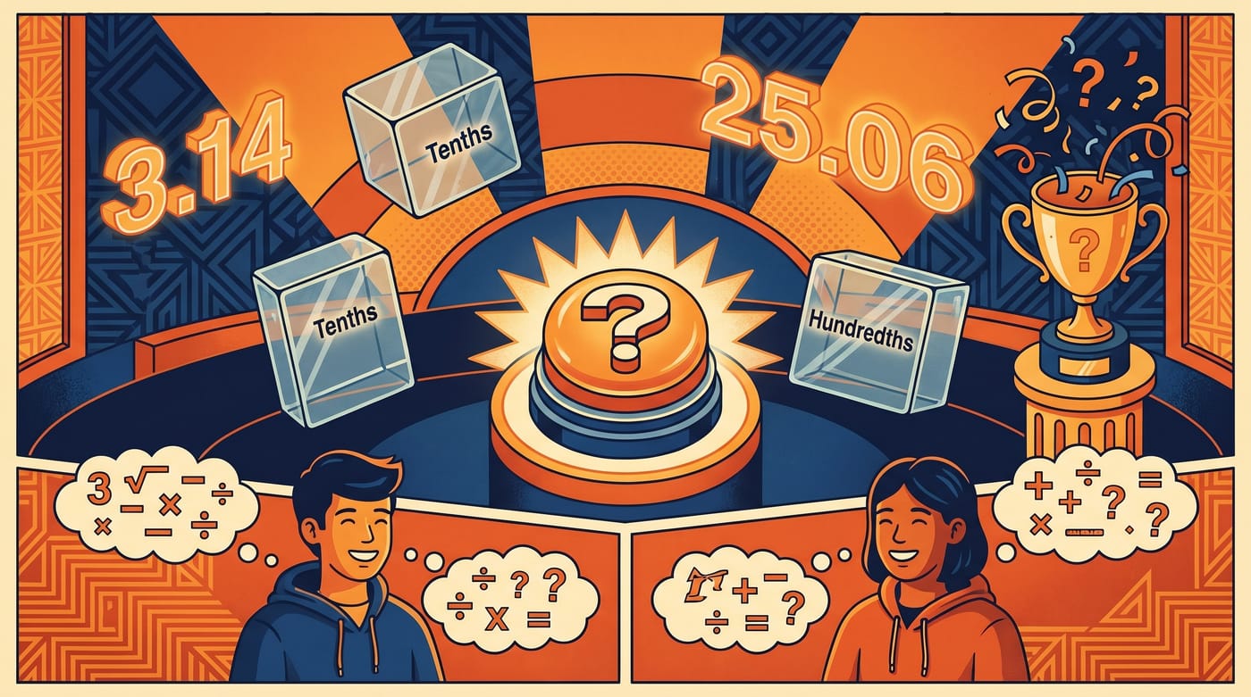 Playful game-show themed illustration about decimal operations.