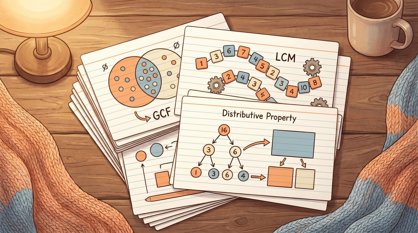 Stacked study flashcards with prime-factor Venn circles and number tiles.