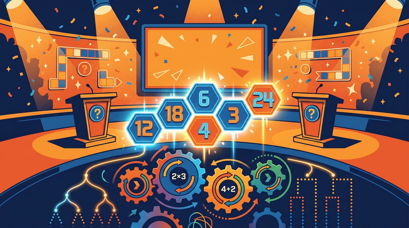 Glowing number tiles, gears, and a game-show stage celebrating GCF, LCM, and the distributive property.