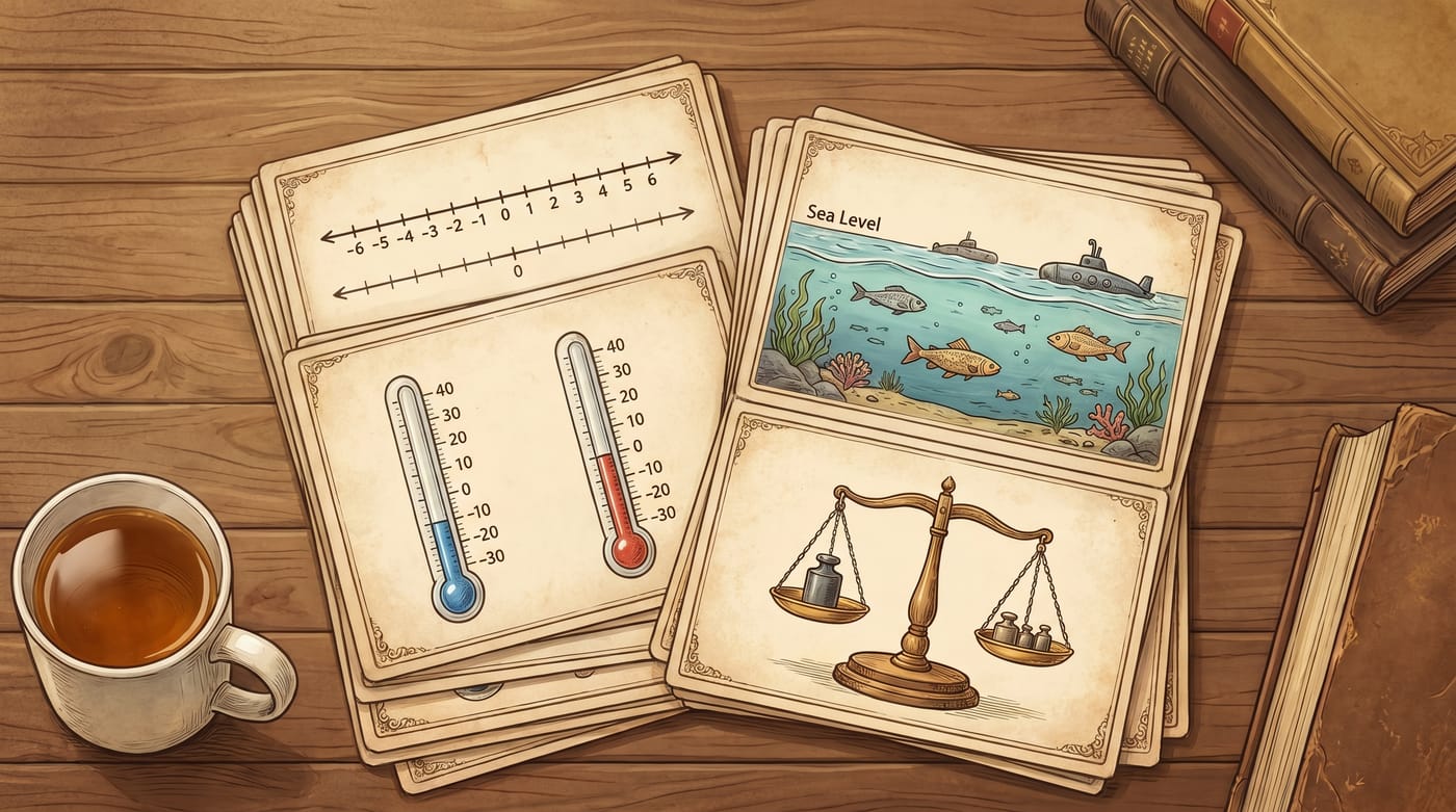 Elegant stacked study flashcards for integers and negative numbers.