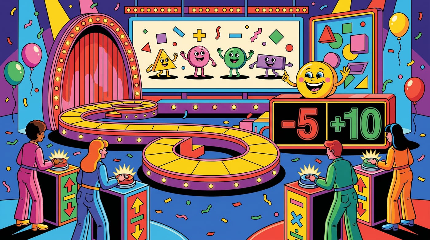 Colorful game-show themed illustration about integers and negative numbers.
