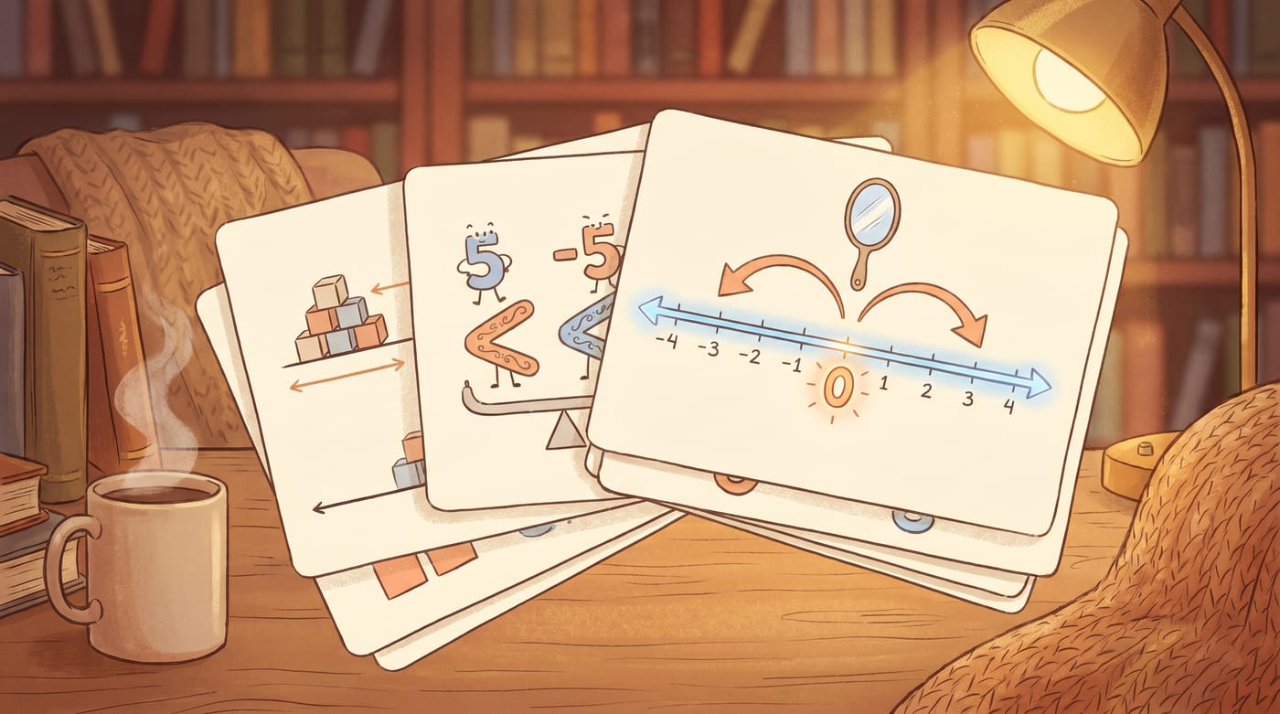 Cozy illustration of stacked study flashcards with a glowing number line.