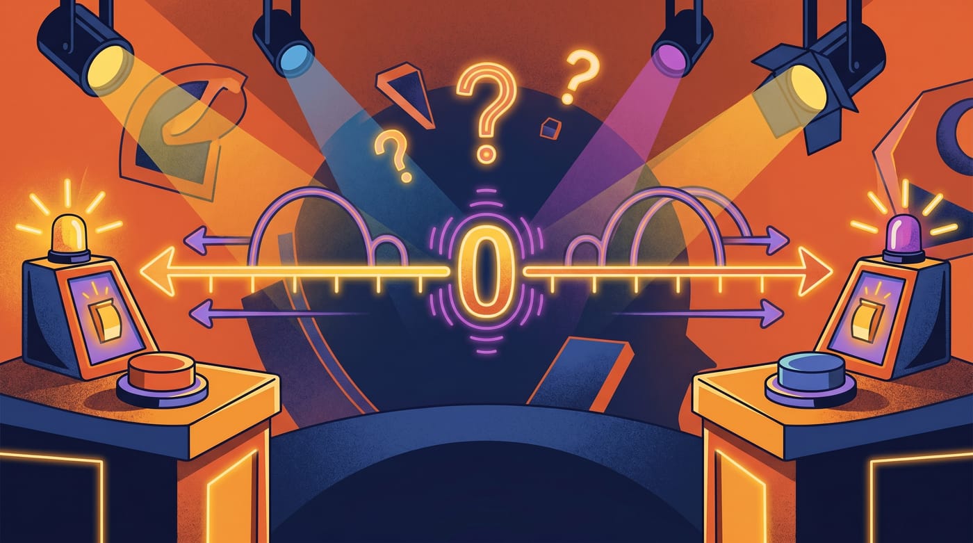 Game-show themed illustration of a glowing number line with mirrored distances from zero.