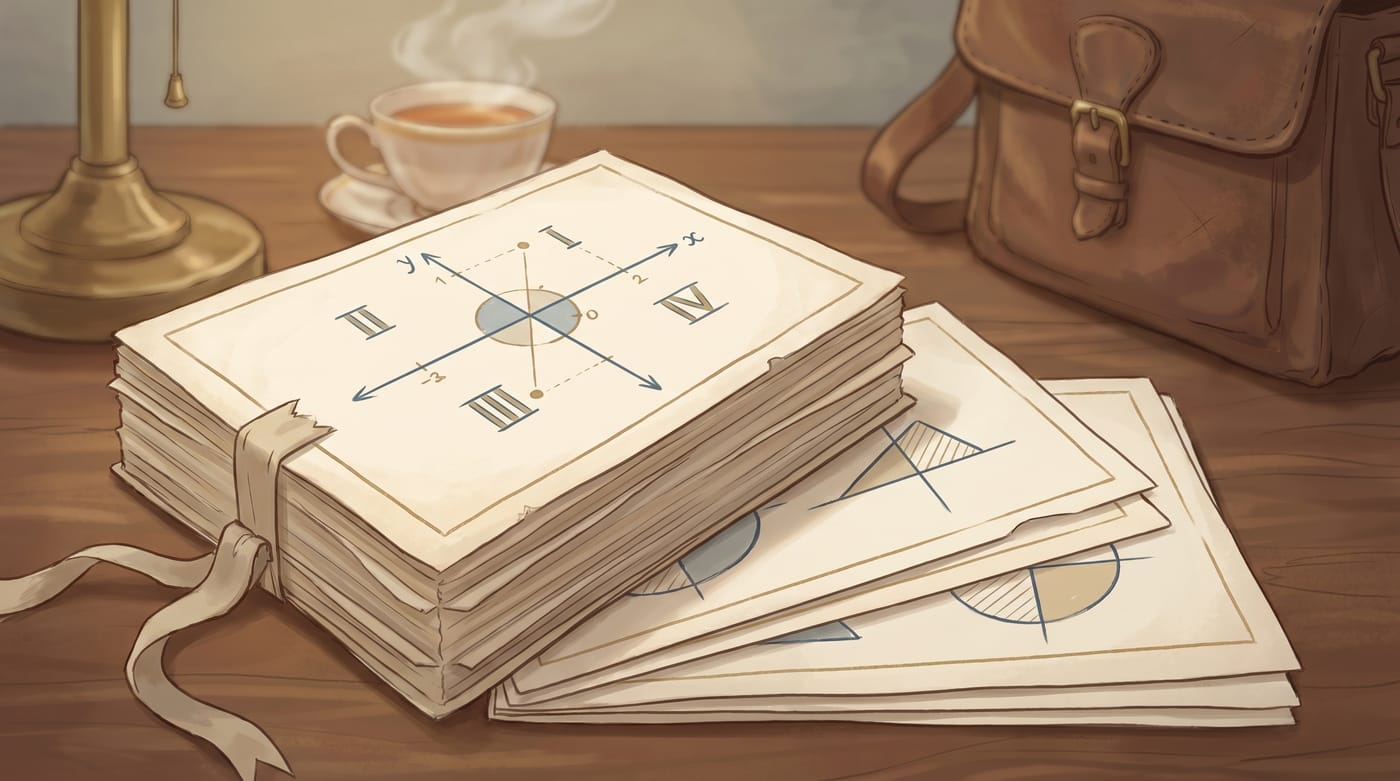 Warm illustration of stacked study flashcards for the coordinate plane.