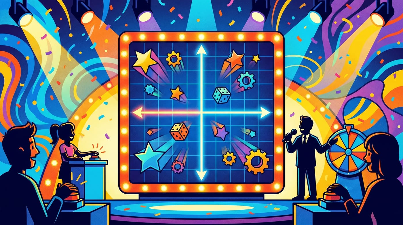 Colorful game-show themed illustration about the four-quadrant coordinate plane.