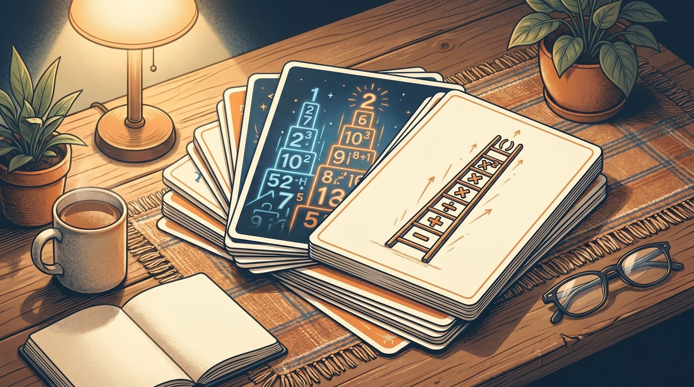 Elegant stacked study flashcards for exponents and order of operations.