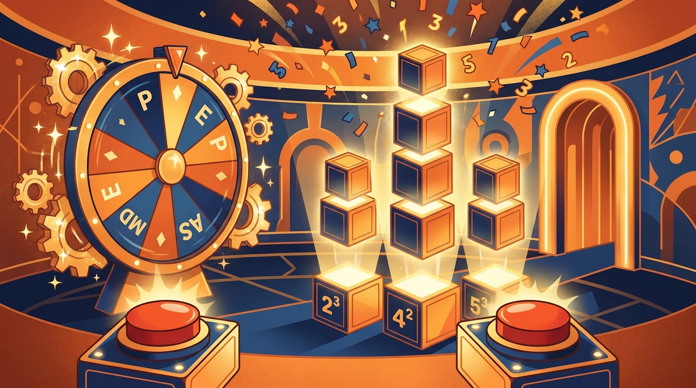 Vibrant game-show themed illustration about exponents and order of operations.
