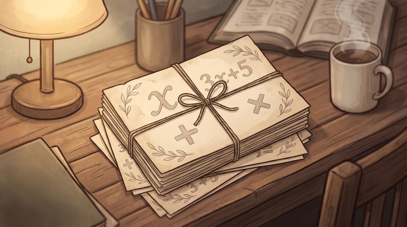 Elegant stacked study flashcards with math symbols on a cozy desk.