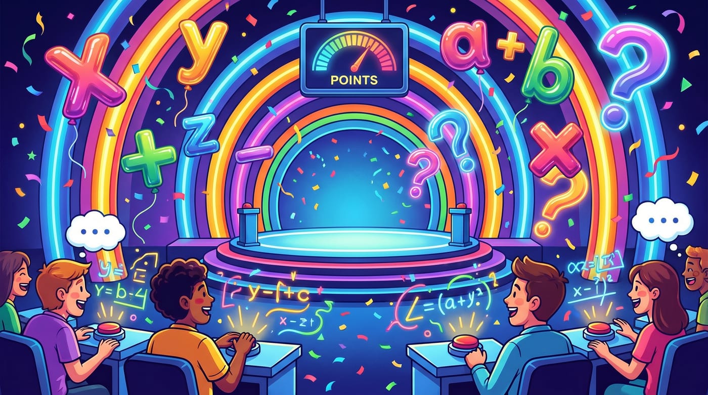 Vibrant game-show style illustration of math expressions and variables.