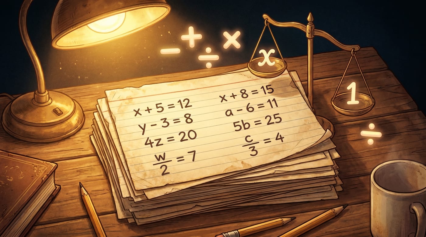 Elegant stacked study flashcards for solving one-step equations.