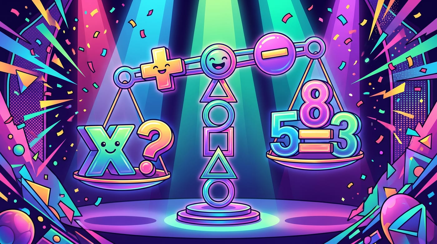 Vibrant game-show themed illustration about solving one-step equations with a glowing balance scale.