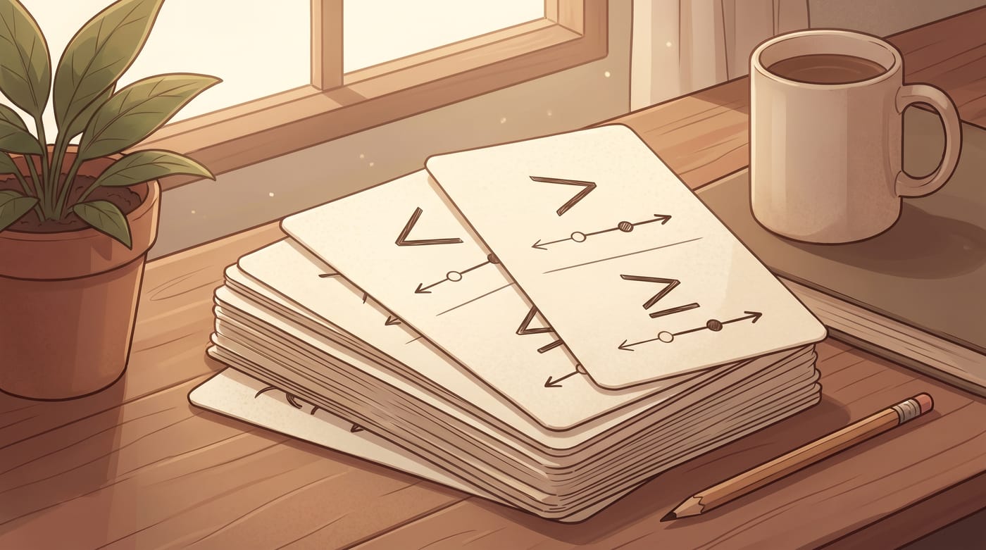 Elegant stacked study flashcards for inequalities and variable relationships.