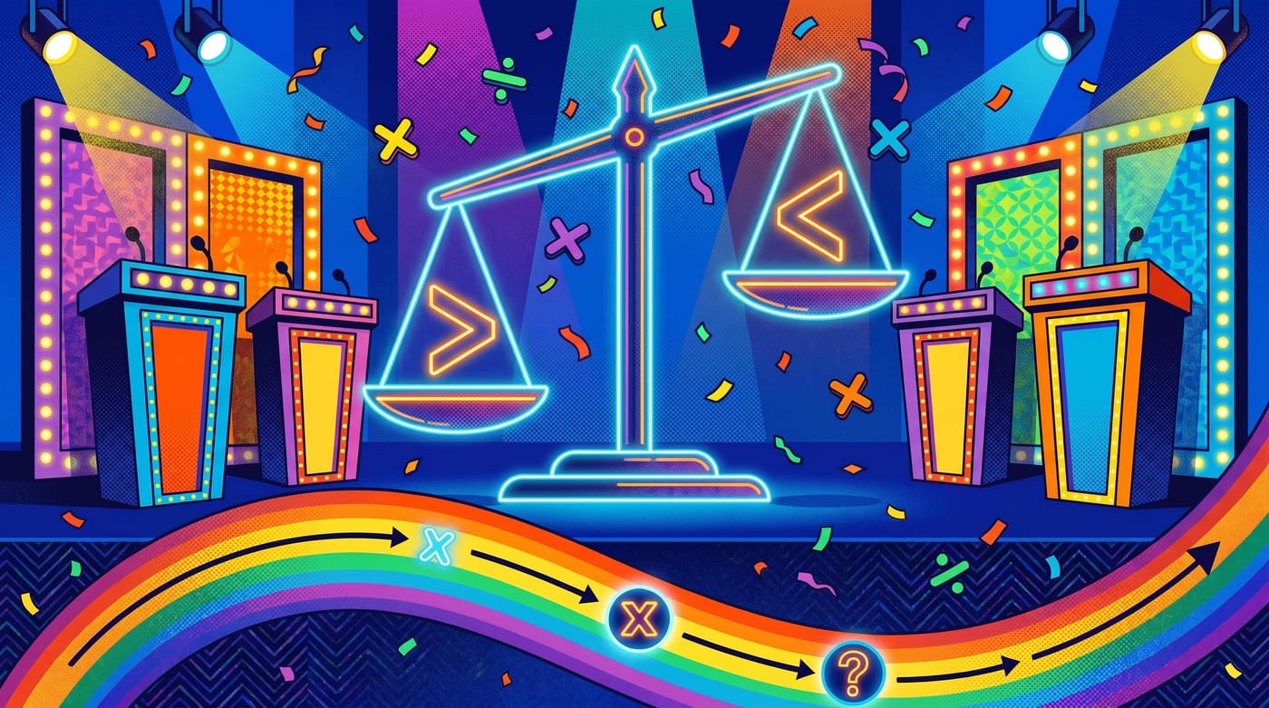 Vibrant game-show themed illustration about inequalities and variable relationships.