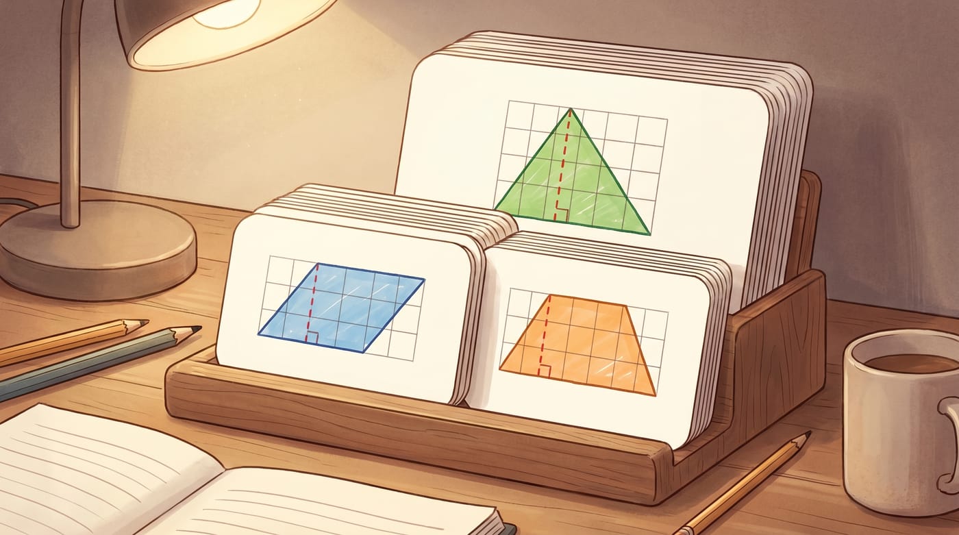 Elegant stacked study flashcards for the area of triangles and quadrilaterals.