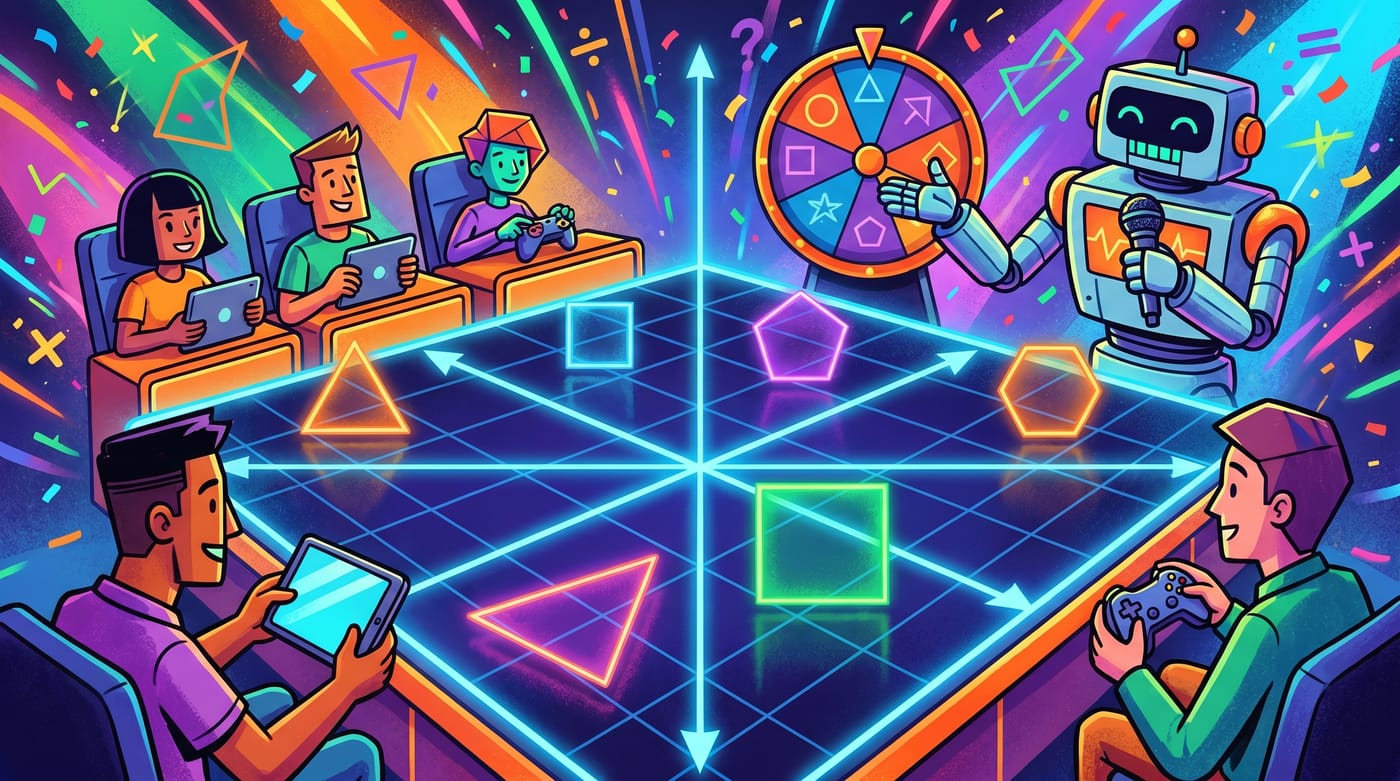 A bright, playful game-show scene celebrating polygons plotted on a glowing coordinate grid.