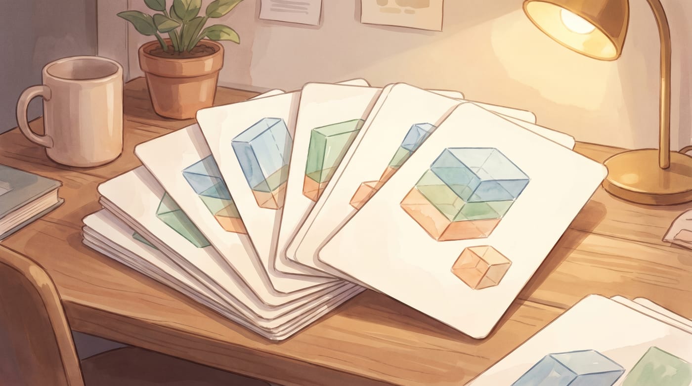 Elegant stacked study flashcards for volume with fractional edges.