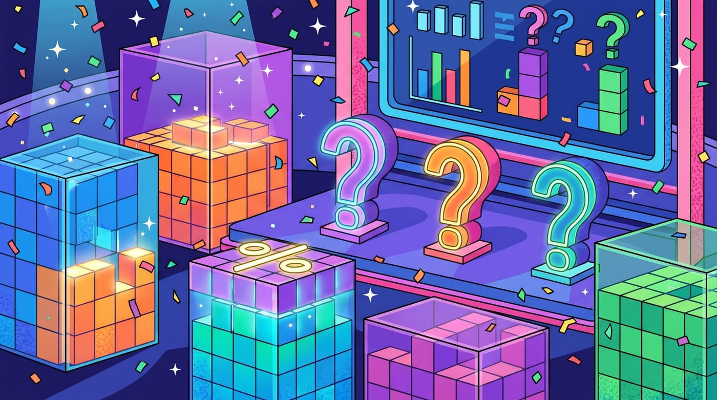Vibrant game-show themed illustration about volume with fractional edges.