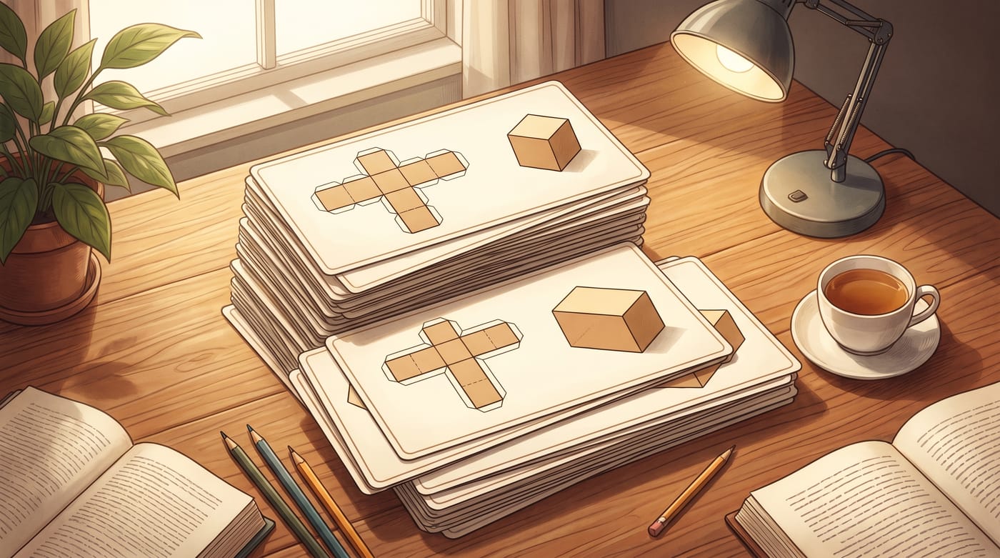 Elegant stacked study flashcards showing unfolded box nets for Nets and Surface Area.