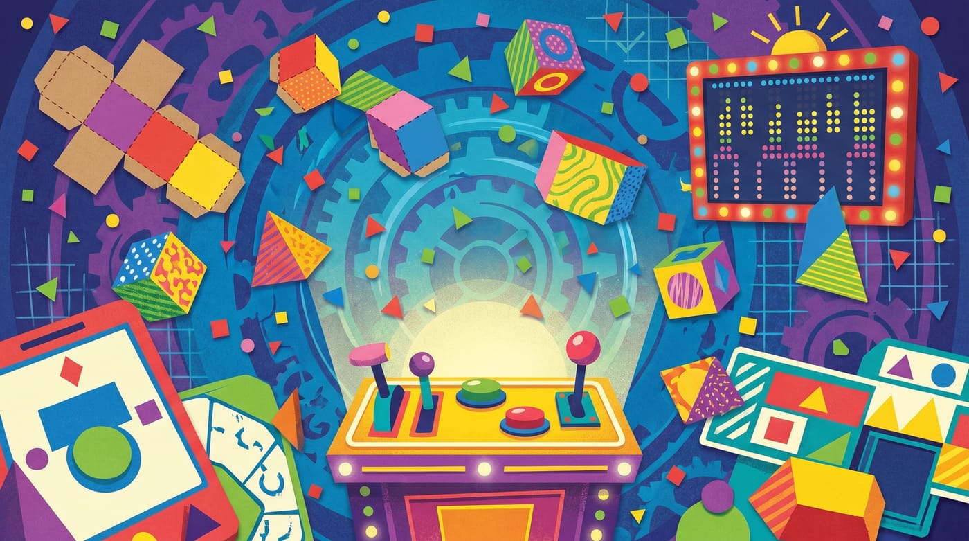 Colorful game-show themed illustration of unfolded boxes and 3D shapes for a Nets and Surface Area quiz.