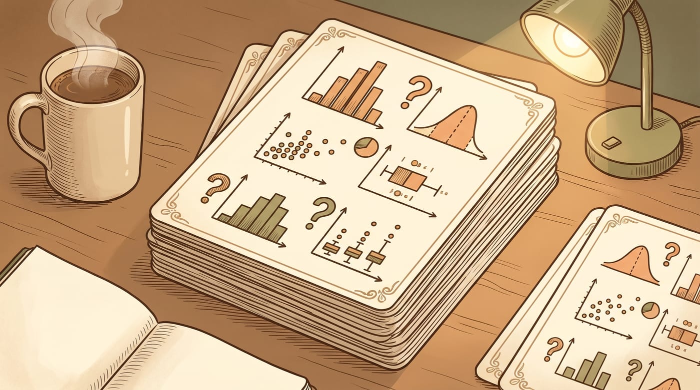 Elegant stacked study flashcards for statistical questions and distributions.