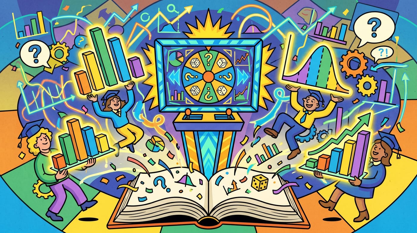 Vibrant game-show themed illustration about statistical questions and distributions.