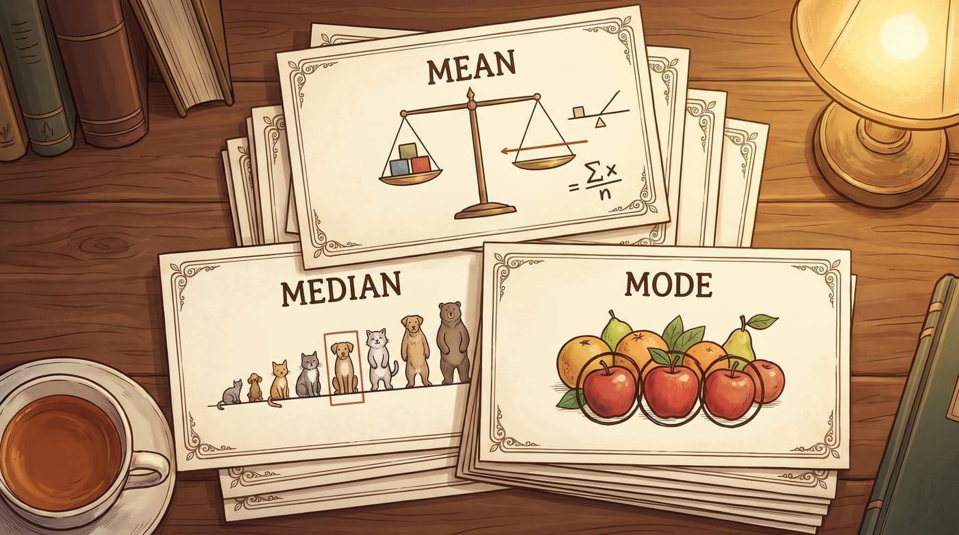 Elegant stacked study flashcards for mean, median and mode.