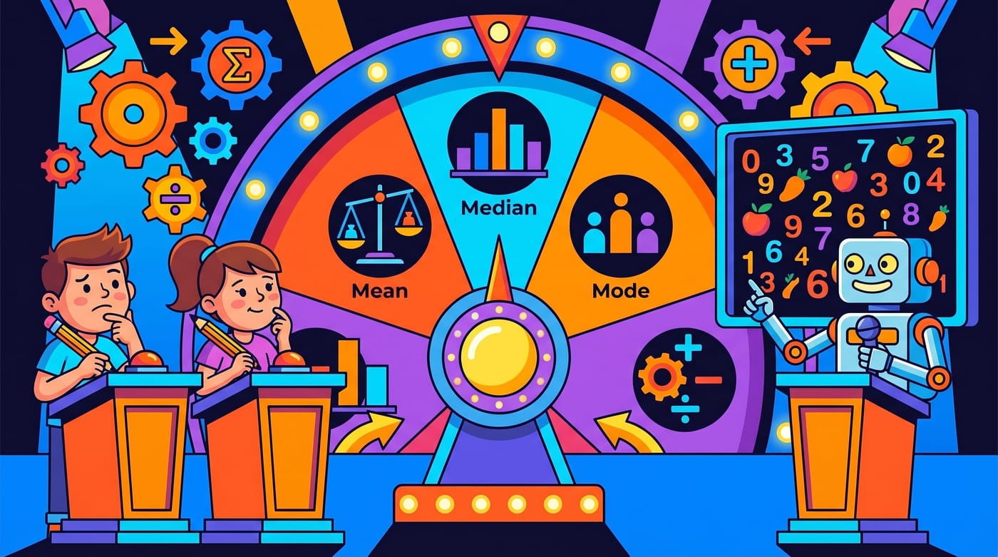 Vibrant game-show themed illustration about mean, median and mode.