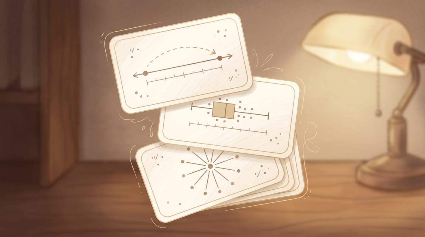 Elegant stacked study flashcards about the spread of data — range, IQR and mean absolute deviation.