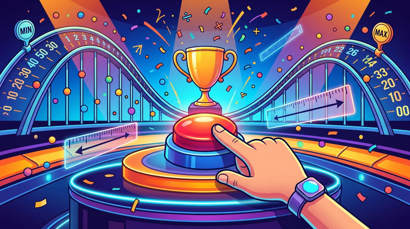 Vibrant game-show themed illustration about the spread of data — number lines, scattered data dots and measuring rulers.