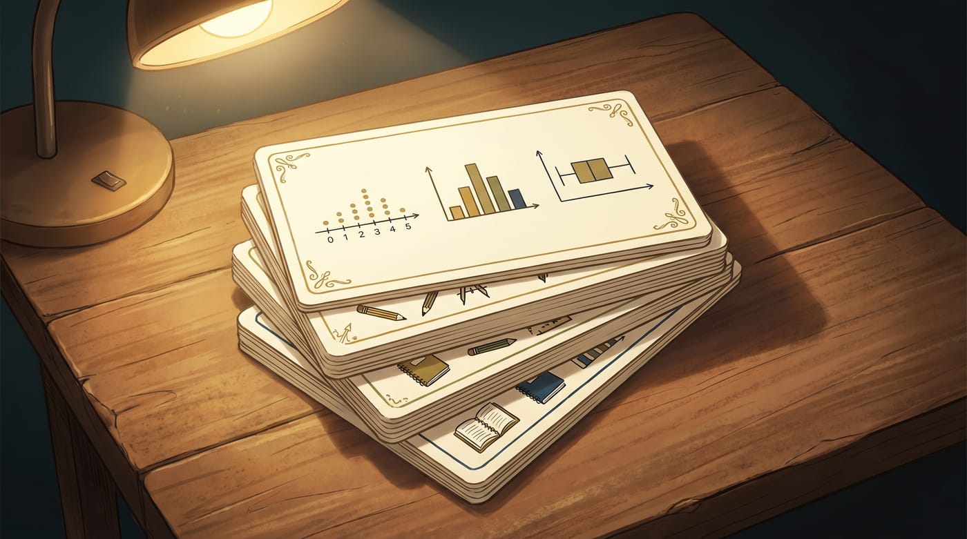 Elegant stacked study flashcards about dot plots, histograms, and box plots.