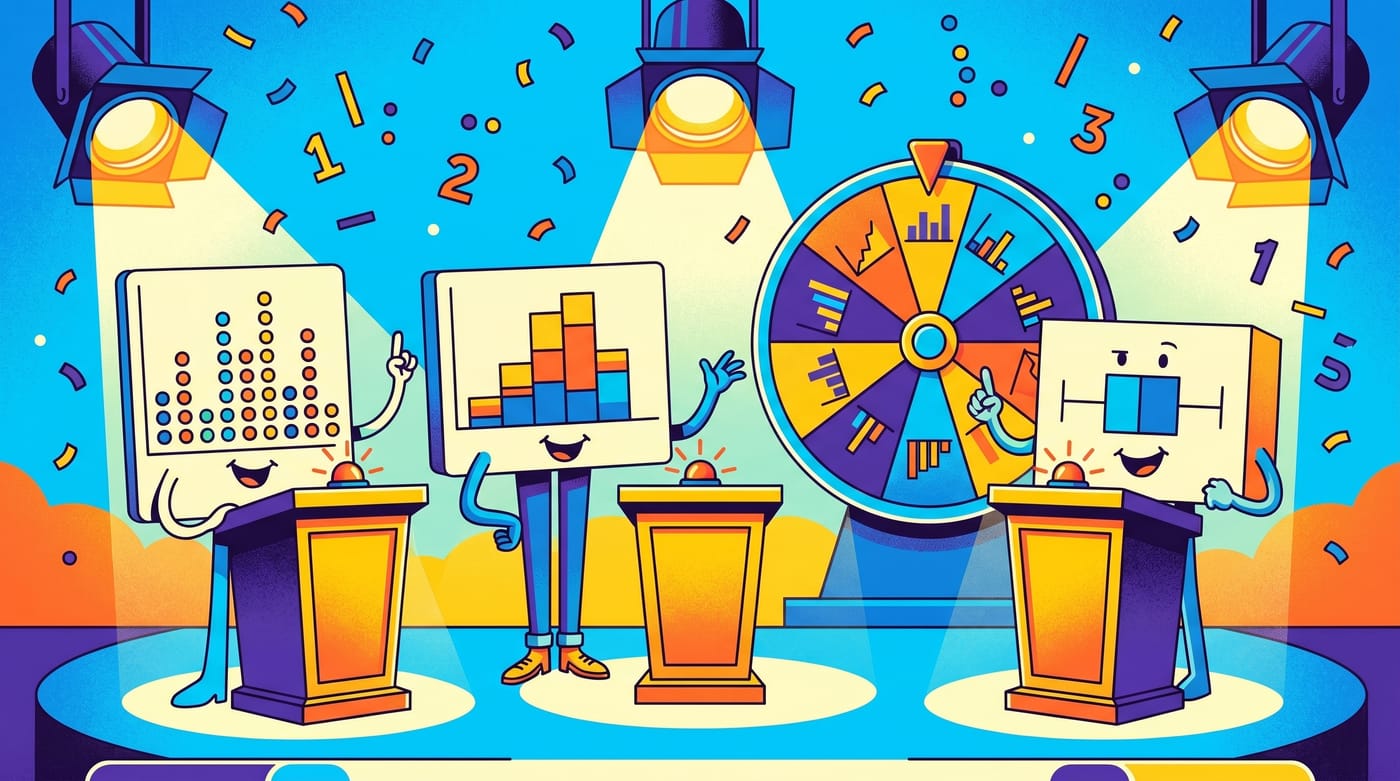 Vibrant game-show style illustration about dot plots, histograms, and box plots.
