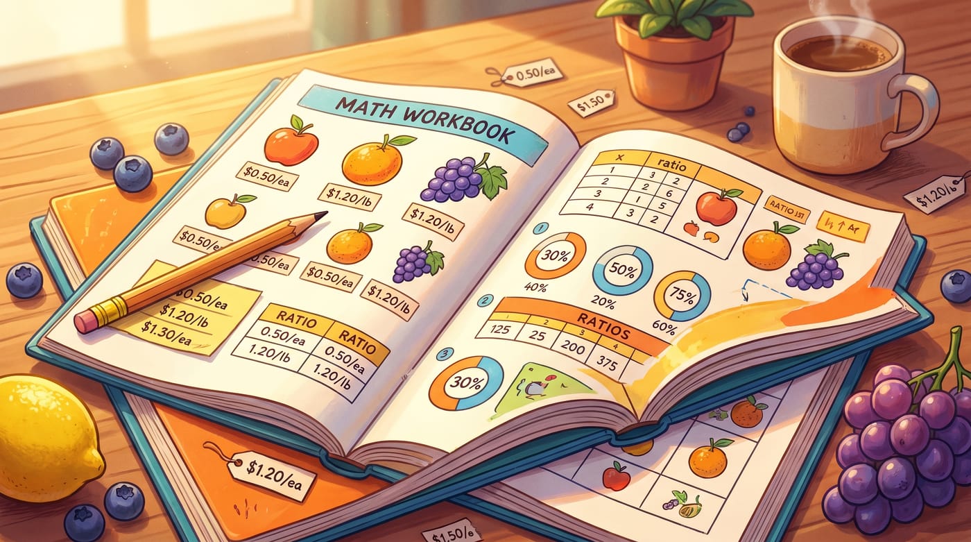 A colorful illustration of an open math practice workbook with a pencil, fruit and price tags.