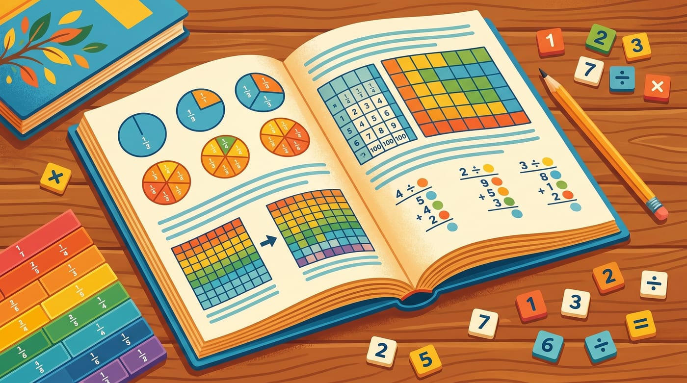 Bright illustration of an open math practice workbook with a pencil, fraction strips and number tiles.