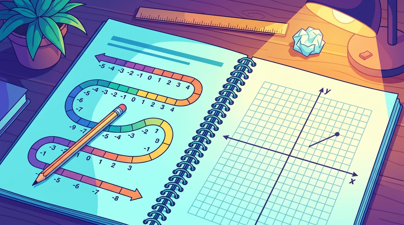 An open math practice workbook with a pencil, a number line, and an x-y coordinate grid.
