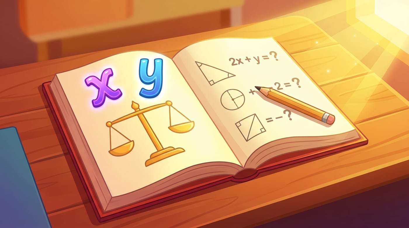A bright illustration of an open math practice workbook with a pencil, glowing x and y variables, and a balance scale.