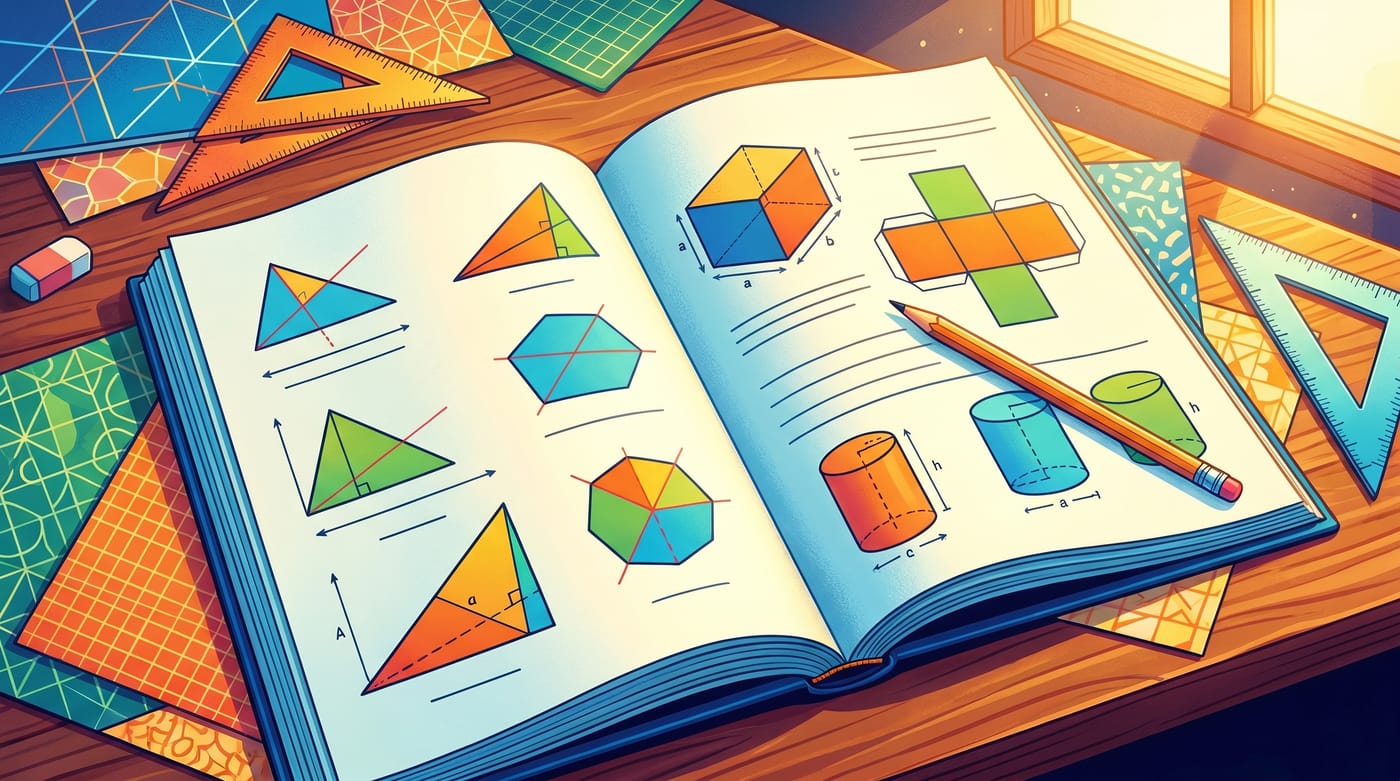 An open geometry practice workbook with a pencil, colorful triangles, a 3D box, and an unfolded net.
