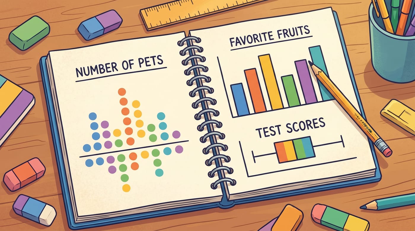 An open statistics practice workbook with a pencil, a dot plot, a histogram, and a box plot.